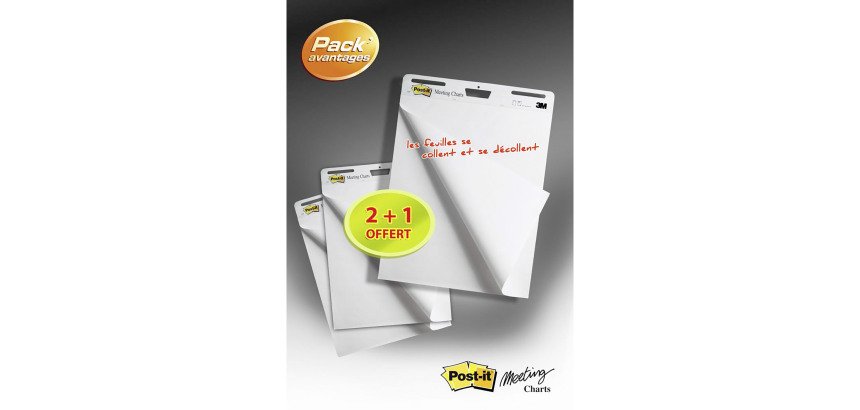 Pack de 2 paperboard+ 1 offert - chevalet mobile Meeting Chart Post-it à feuilles adhésives 77,4 x 63 cm