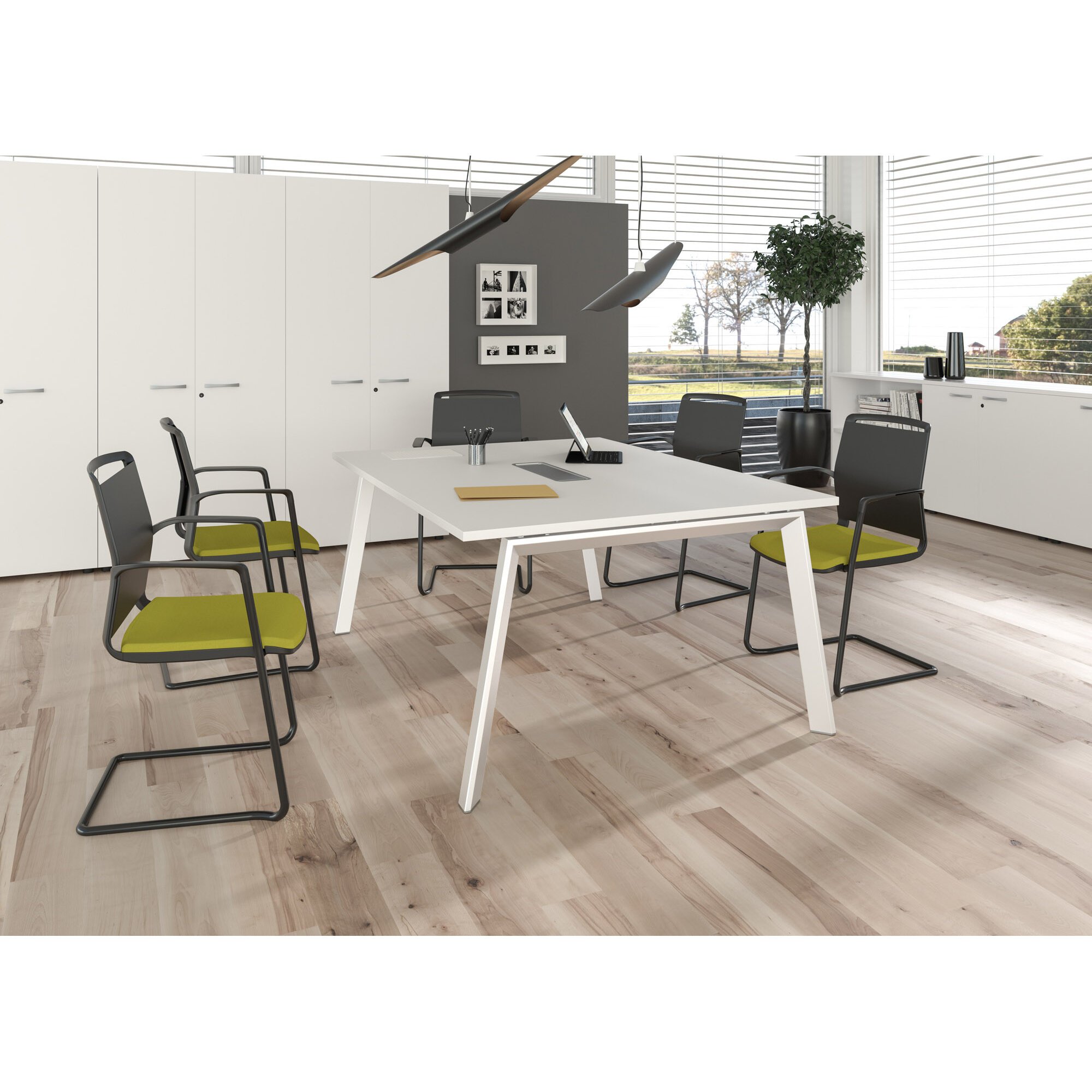 TAVOLO RIUNIONE WOOD-METAL 160X120X72,5H BIANCO CON GAMBE IN METALLO TRAPEZIODALI BIANCO