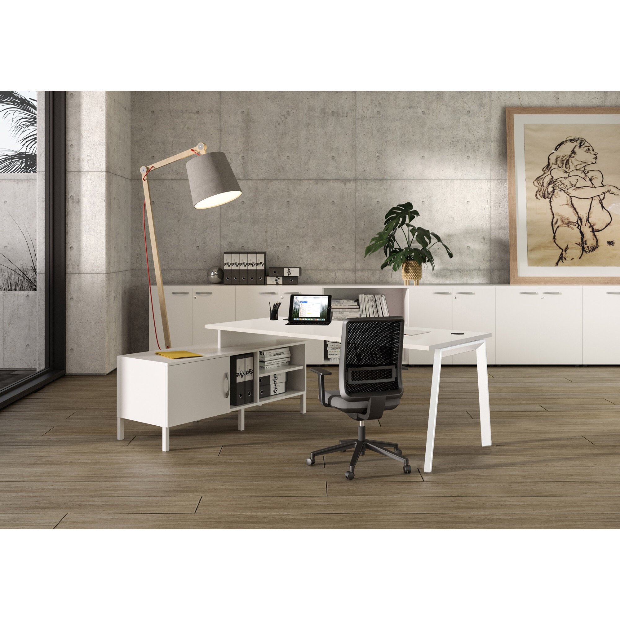 SCRIVANIA MANAGERIALE WOOD-METAL BIANCO 160 CON GAMBA IN METALLO BIANCO