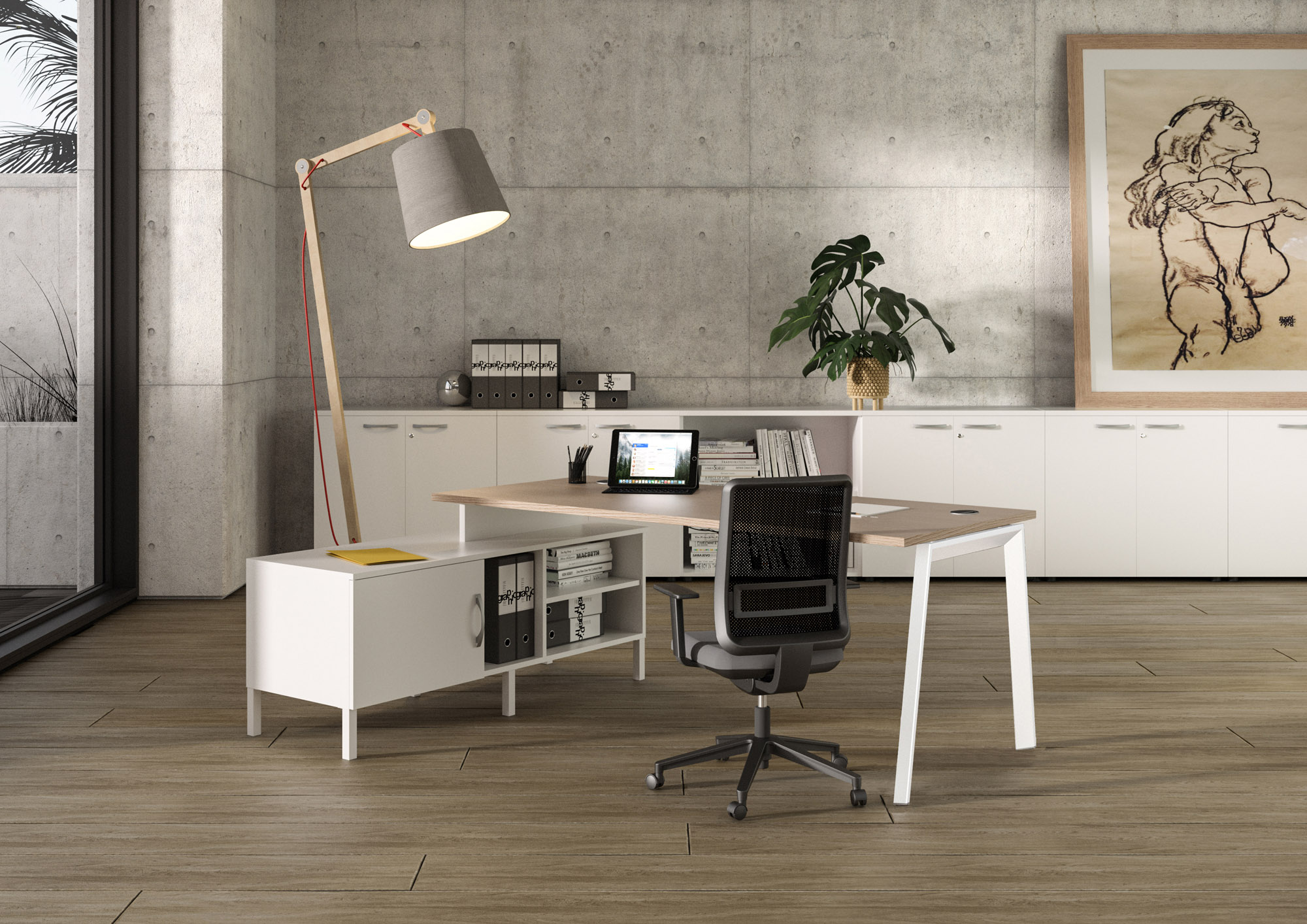 SCRIVANIA MANAGERIALE WOOD-METAL ROVERE 180 CON MOBILE DI SERVIZIO E GAMBE  IN METALLO BIANCO su