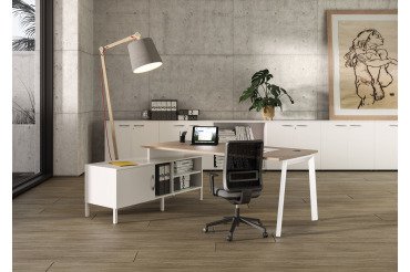 SCRIVANIA MANAGERIALE WOOD-METAL ROVERE 180 CON MOBILE DI SERVIZIO E GAMBE IN METALLO BIANCO