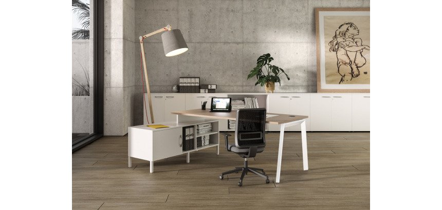 Scrivania manageriale con gambe a forma trapezoidale Wood-Metal p 80 x h 72,5 cm con mobile di servizio portante