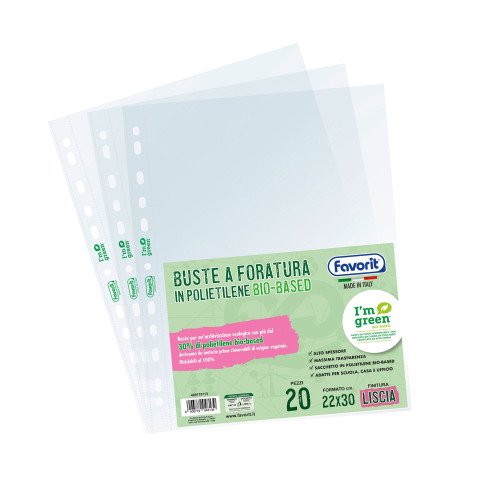 Buste a perforazione Universale Favorit Bio Based 22 x 30 cm trasparente polipropilene finitura liscia lucida spessore alto 20 unità