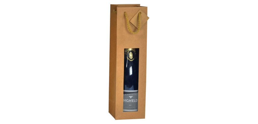 Brown kraft magnum bottle bag with window, cord handles - 10 bags