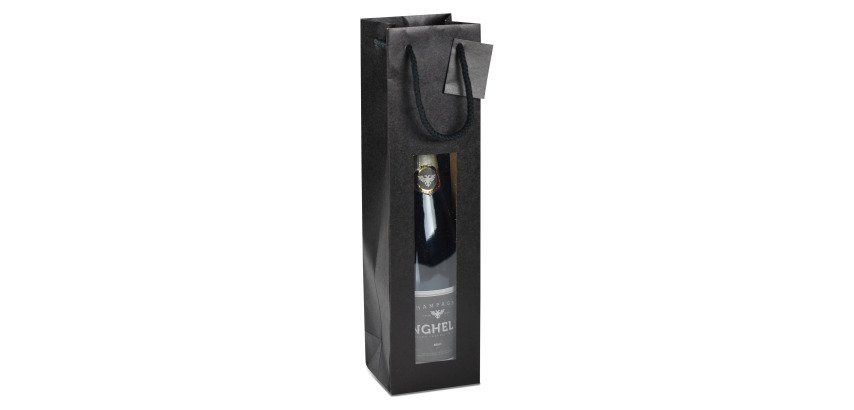 Black kraft bottle bag with window, cord handles - 20 bags