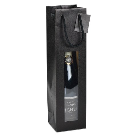 Bolsa kraft negras para 1 botella con ventana y asas de cuerda - paquete de 20