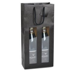 Bolsa kraft negras para 2 botellas con ventana y asas de cuerda - paquete de 10