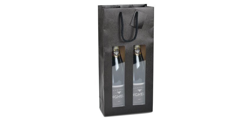 Two-bottle black kraft bag with window, cord handles - 10 bags