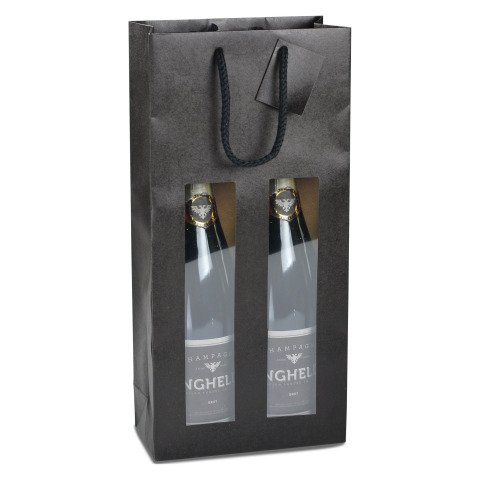 Bolsa kraft negras para 2 botellas con ventana y asas de cuerda - paquete de 10