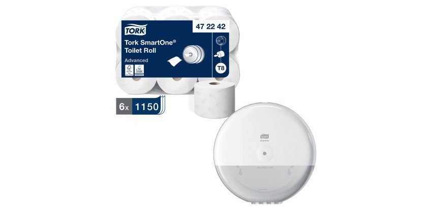 Carta igienica T8 SmartOne 6 rotoli da 1150 strappi 2 confezioni + dispenser omaggio Tork