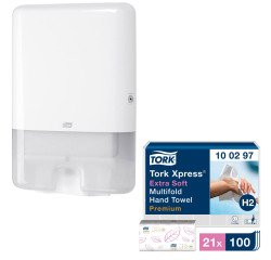 Carta asciugamani 2 veli piegato a W 21 unità da 100 fogli 2 confezioni + dispenser omaggio Tork