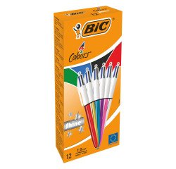 Stylo bille 4 couleurs Bic Shine rétractable pointe 1 mm - écriture moyenne - Boite de 12