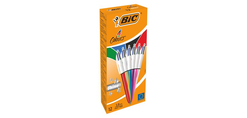 Stylo bille 4 couleurs Bic Shine rétractable pointe 1 mm - écriture moyenne - Boite de 12