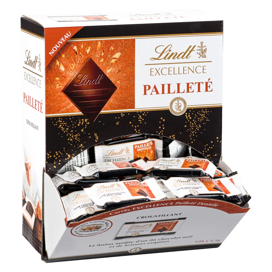 Carrés chocolat noir Excellence Pailleté Dentelle Lindt - Boîte  distributrice de 660 g - 120 pièces sur