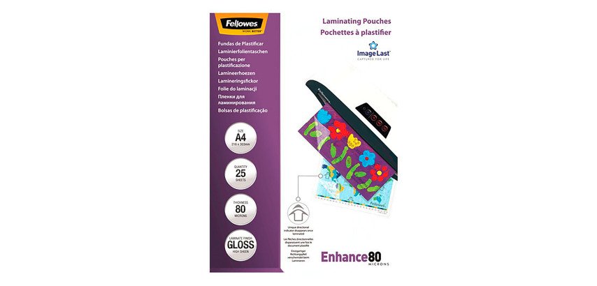 Paquete de 25 fundas de plastificación térmica A4 80 micras Fellowes Glossy