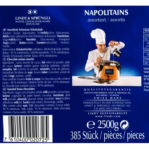 Napolitains Swiss Premium Chocolade Lindt - zakje van 2,5 kg
