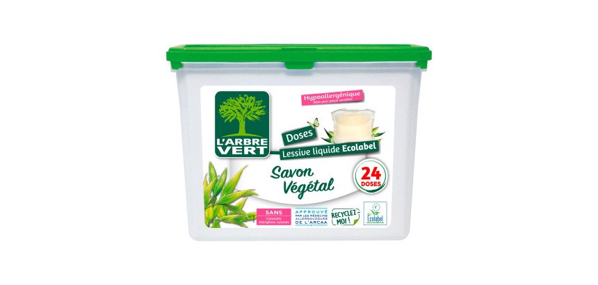 Doses de lessive liquide Ecolabel au savon végétal L'Arbre Vert - Boîte de 24 doses
