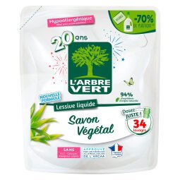 Lessive liquide au savon végétal L'Arbre Vert - 34 lavages - Recharge de 1,53 L