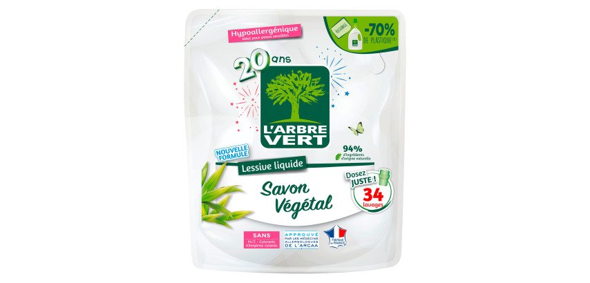 Lessive liquide au savon végétal L'Arbre Vert - 34 lavages - Recharge de 1,53 L