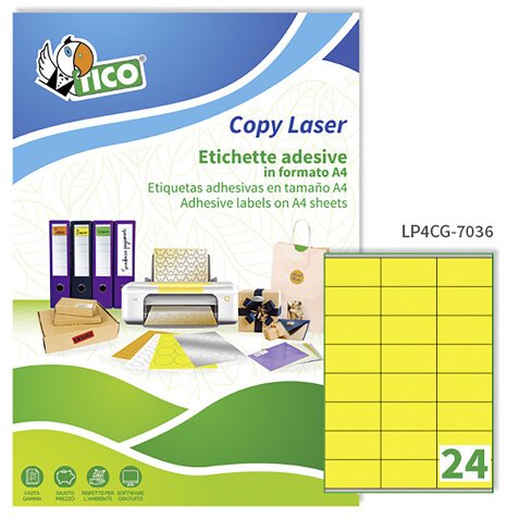 Etichette adesive Tico in carta gialla opaca 70x36mm, 24 etichette per foglio, adesivo permanente, laser/inkjet, 70 fogli