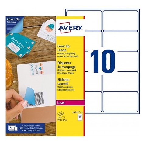 Etichette adesive Avery in carta bianca coprente 99,1x57mm, 10 etichette per foglio, adesivo permanente, laser, 25 fogli