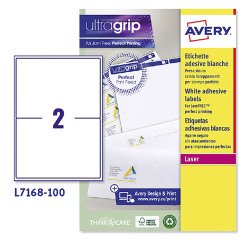 Etichette adesive Avery in carta bianca 199,6x143,5mm, 2 etichette per foglio, adesivo permanente, laser, 100 fogli