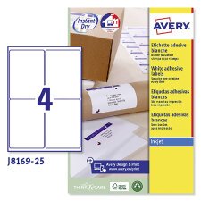 Etichette adesive Avery in carta bianca 99,1x139mm, 4 etichette per foglio, adesivo permanente, inkjet, 25 fogli