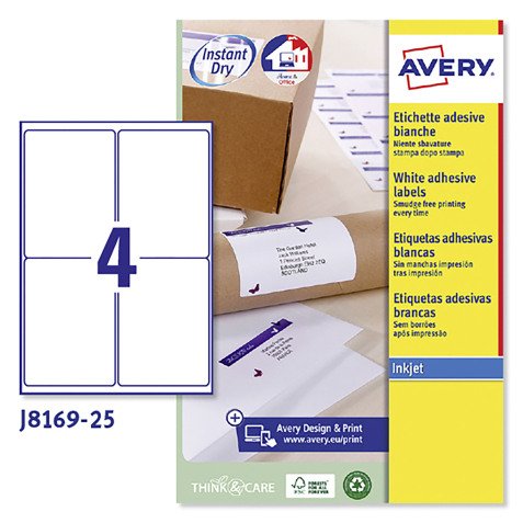 Avery Inkjet Addressing Labels J8169-25 White 100 labels per pack