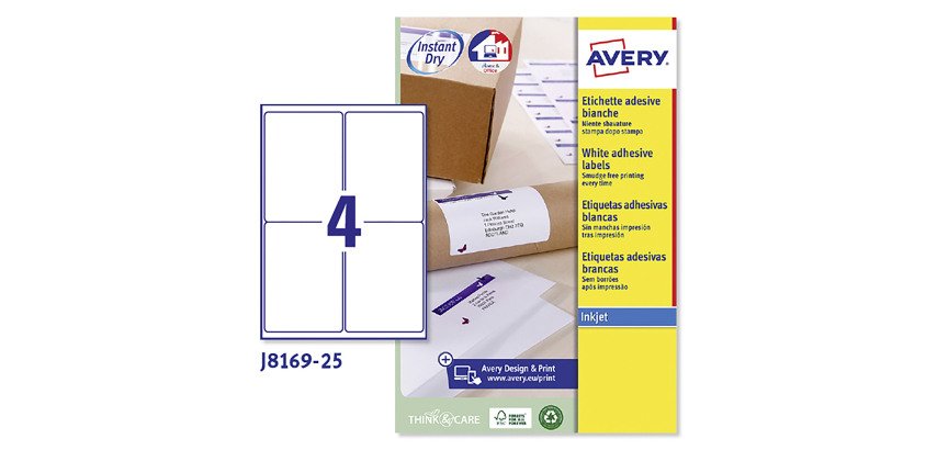 Etichette adesive Avery in carta bianca 99,1x139mm, 4 etichette per foglio, adesivo permanente, inkjet, 25 fogli