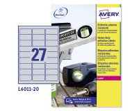 Etichette adesive Avery resistenti in poliestere argento 63,5x29,6mm, 27 etichette per foglio, adesivo permanente, laser, 20 fogli