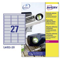 Etichette adesive Avery resistenti in poliestere argento 63,5x29,6mm, 27 etichette per foglio, adesivo permanente, laser, 20 fogli