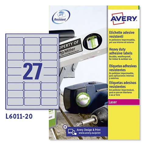 Etichette adesive Avery resistenti in poliestere argento 63,5x29,6mm, 27 etichette per foglio, adesivo permanente, laser, 20 fogli