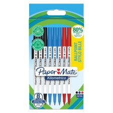 Balpen Papermate Kilometrico met dopje punt 1 mm - medium schrift - hoesje met assortiment van 8 kleuren