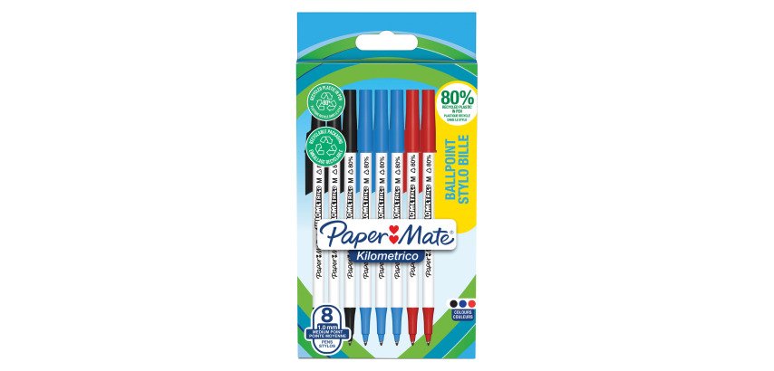 Balpen Papermate Kilometrico met dopje punt 1 mm - medium schrift - hoesje met assortiment van 8 kleuren