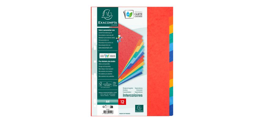 Intercalaire A4 carte lustrée colorée Exacompta 12 onglets neutres