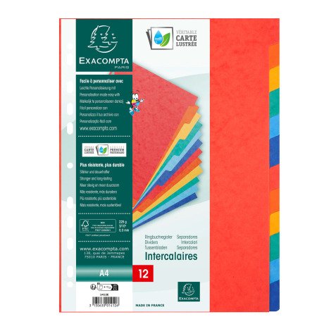 Intercalaire A4 carte lustrée colorée Exacompta 12 onglets neutres