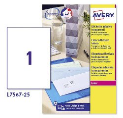 Etichette adesive Avery trasparenti lucide 210x297mm, 1 etichetta per foglio, adesivo permanente, laser, 25 fogli