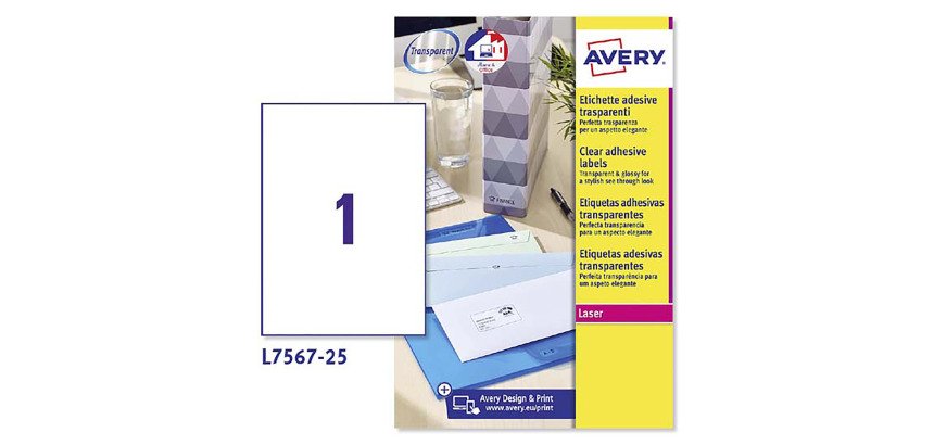 Etichette adesive Avery trasparenti lucide 210x297mm, 1 etichetta per foglio, adesivo permanente, laser, 25 fogli
