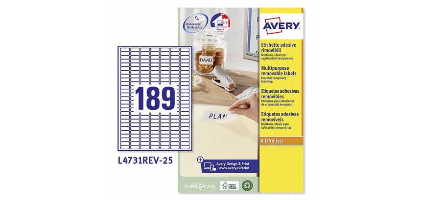 Etichette adesive rimovibili Avery in carta bianca riciclata 25,4 x 10mm, 189 etichette per foglio, adesivo rimovibile, laser e inkjet, 25 fogli