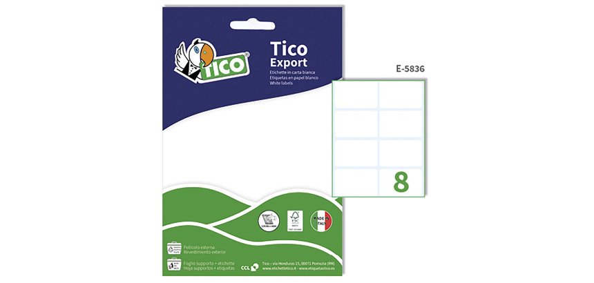 Etichette adesive Tico in carta bianca in bustina scrivibili a mano 58x36mm, 8 etichette per foglio, adesivo permanente, 10 fogli