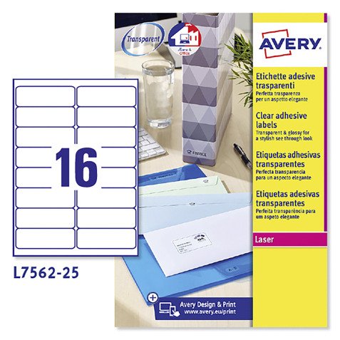 Etichette adesive Avery trasparenti lucide 99,1x33,9mm, 16 etichette per foglio, adesivo permanente, laser, 25 fogli