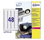 Etichette adesive Avery resistenti in poliestere bianco 45,7x21,2mm, 48 etichette per foglio, adesivo permanente, laser, 20 fogli