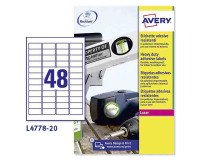 Etichette adesive Avery resistenti in poliestere bianco 45,7x21,2mm, 48 etichette per foglio, adesivo permanente, laser, 20 fogli