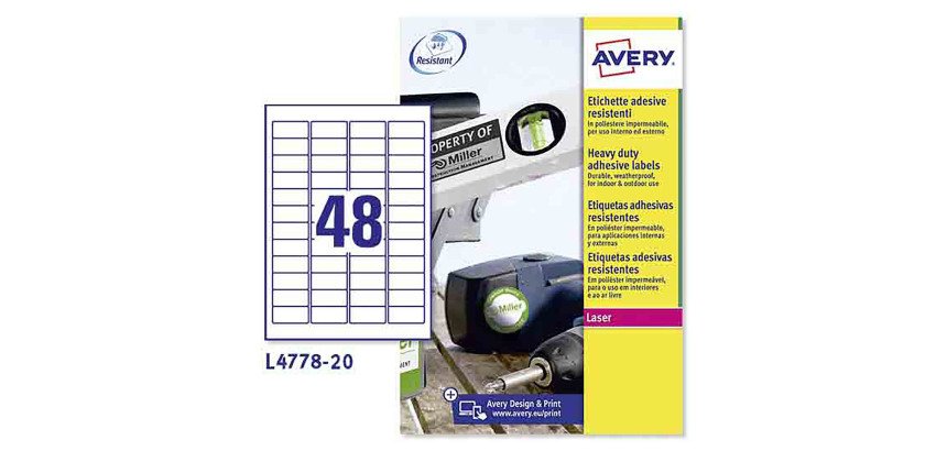 Etichette adesive Avery resistenti in poliestere bianco 45,7x21,2mm, 48 etichette per foglio, adesivo permanente, laser, 20 fogli