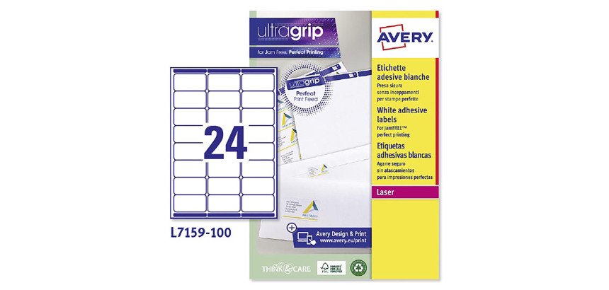Etichette adesive Avery in carta bianca 63,5x33,9mm, 24 etichette per foglio, adesivo permanente, laser, 100 fogli