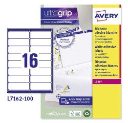 Etichette adesive Avery in carta bianca 99,1x33,9mm, 16 etichette per foglio, adesivo permanente, laser, 100 fogli