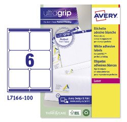 Etichette adesive Avery in carta bianca 99,1x93,1mm, 6 etichette per foglio, adesivo permanente, laser, 100 fogli
