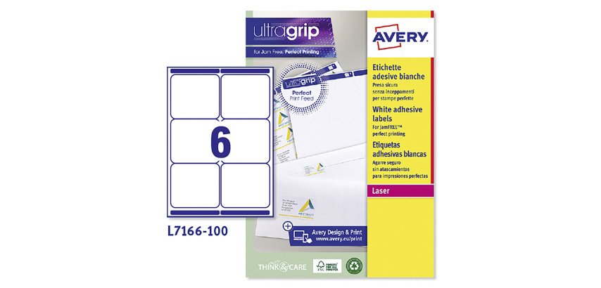 Etichette adesive Avery in carta bianca 99,1x93,1mm, 6 etichette per foglio, adesivo permanente, laser, 100 fogli