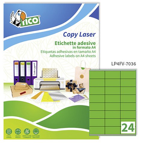 Etichette adesive Tico in carta fluorescente verde 70x36mm, 24 etichette per foglio, adesivo permanente, laser/inkjet, 70 fogli