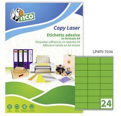 Etichette adesive Tico in carta fluorescente verde 70x36mm, 24 etichette per foglio, adesivo permanente, laser/inkjet, 70 fogli